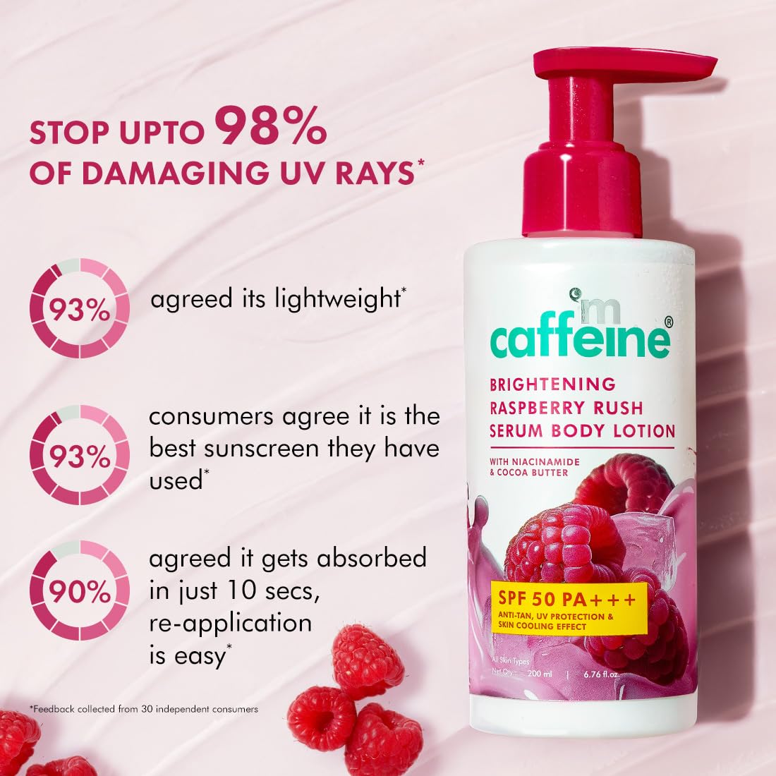 mCaffeine Brightening SPF 50 PA+++ Body Sunscreen Lotion | Instant Cooling, De-tan Body Lotion with Vitamin C Rich Raspberries & Niacinamide | Lightweight, Non-sticky Sun Protection - 200ml