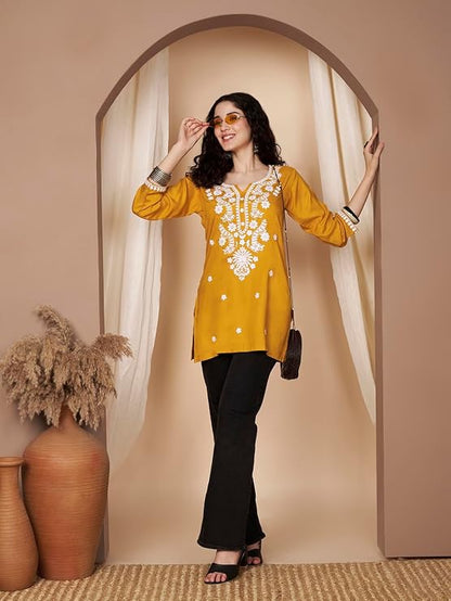Short Kurti for Women for Jeans, Chikankari Kurtis for Ladies, Lakhnavi V- Neck Women's Tunic Design Kurta, Floral Kurtas & Tunics for Woman
