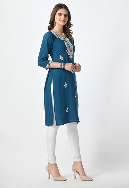 LIBOZA Kurta for Women – Lakhnowi Chikankari Embroidered Ladies Kurti, Stylish Girls Top, Ethnic Full Kurtas, Straight Design Kurtis for Woman