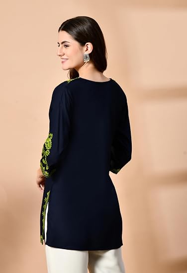 Embroidered Kashmiri Short Kurti -Navy Blue
