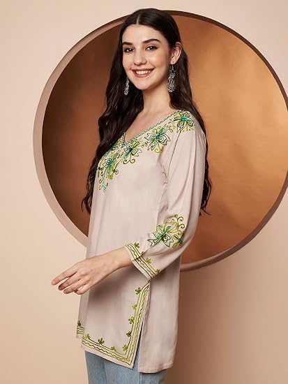 Embroidered Chikankari Kurti for Women - Beige1