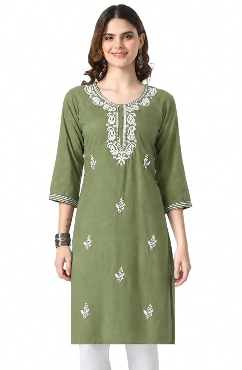 LIBOZA Kurta for Women – Lakhnowi Chikankari Embroidered Ladies Kurti, Stylish Girls Top, Ethnic Full Kurtas, Straight Design Kurtis for Woman