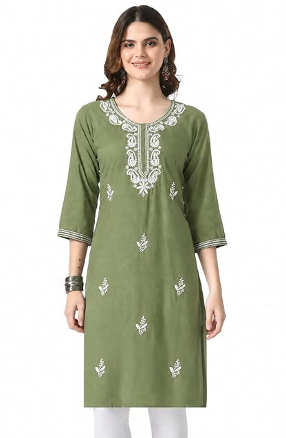 LIBOZA Kurta for Women – Lakhnowi Chikankari Embroidered Ladies Kurti, Stylish Girls Top, Ethnic Full Kurtas, Straight Design Kurtis for Woman