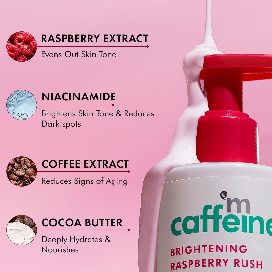 mCaffeine Brightening SPF 50 PA+++ Body Sunscreen Lotion | Instant Cooling, De-tan Body Lotion with Vitamin C Rich Raspberries & Niacinamide | Lightweight, Non-sticky Sun Protection - 200ml