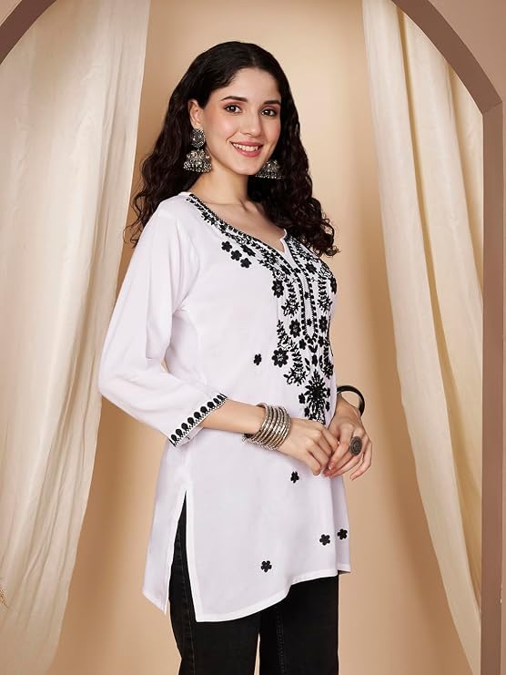 Short Kurti for Women for Jeans, Chikankari Kurtis for Ladies, Lakhnavi V- Neck Women's Tunic Design Kurta, Floral Kurtas & Tunics for Woman
