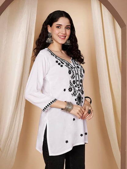 Short Kurti for Women for Jeans, Chikankari Kurtis for Ladies, Lakhnavi V- Neck Women's Tunic Design Kurta, Floral Kurtas & Tunics for Woman
