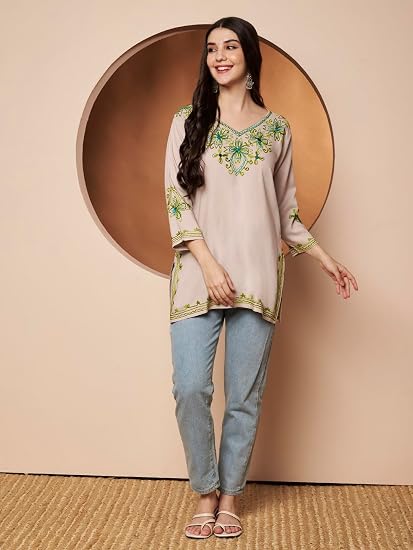 Embroidered Chikankari Kurti for Women - Beige1