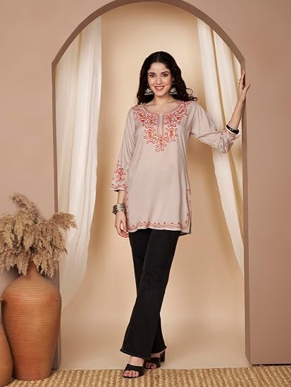 Embroidered Chikankari Kurti for Women - Beige3