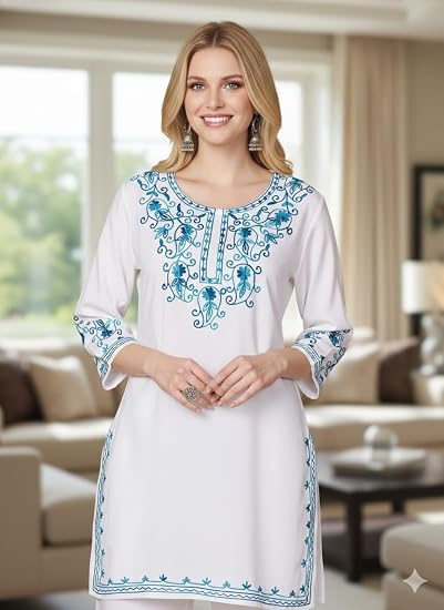 Embroidered Chikankari Kurti for Women - White Blue