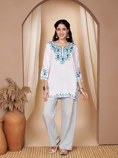 Embroidered Chikankari Kurti for Women - White Blue