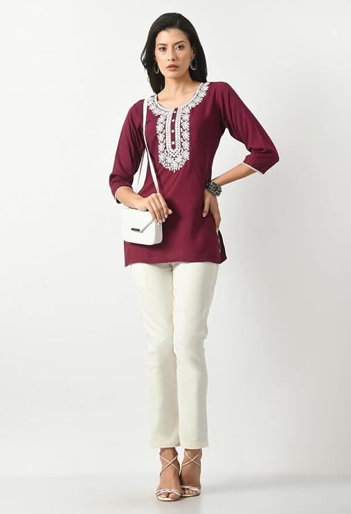LIBOZA Short Kurta for Women – Lakhnowi Chikankari Embroidered Ladies Kurti, Ethnic Half Kurtas, Stylish Girls Top, Tunic Design Woman Kurtis Purple