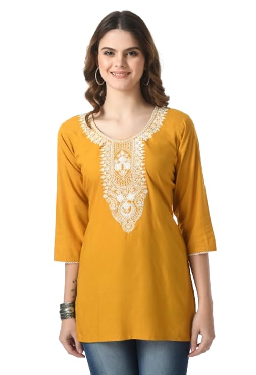 LIBOZA Short Kurti for Women – Lakhnowi Chikankari Embroidered Ladies Kurta, Stylish Girls Top, Ethnic Half Kurtas, Tunic Design Woman Kurtis Mustard Yellow