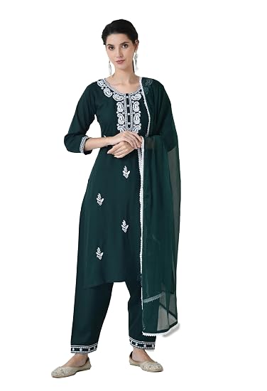 Chikankari Kurta Set for Women-Green