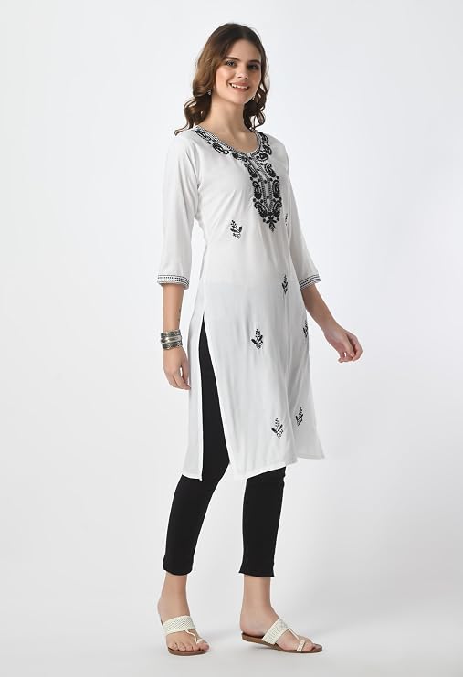 LIBOZA Kurta for Women – Embroidered Ladies Kurti, Stylish Girls Top, Ethnic Full Kurtas, Straight Design Kurtis for Woman White