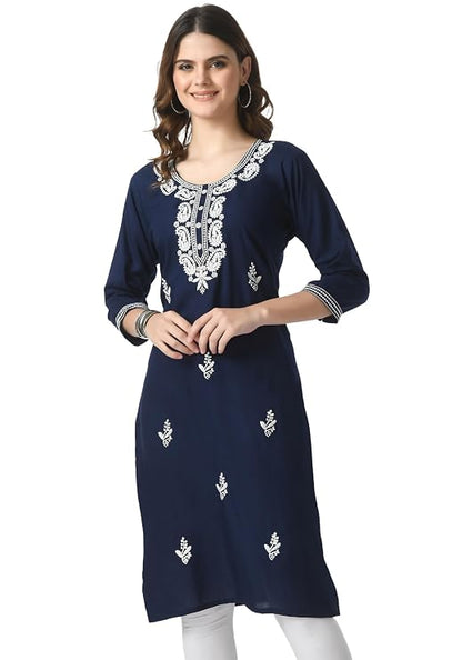 LIBOZA Kurta for Women – Embroidered Ladies Kurti, Stylish Girls Top, Ethnic Full Kurtas, Straight Design Kurtis for Woman Navy Blue