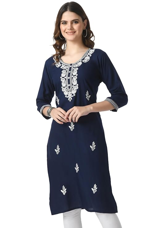 LIBOZA Kurta for Women – Embroidered Ladies Kurti, Stylish Girls Top, Ethnic Full Kurtas, Straight Design Kurtis for Woman Navy Blue