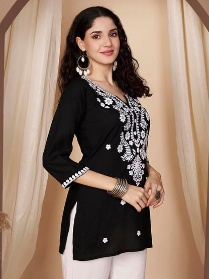 Short Kurti for Women for Jeans, Chikankari Kurtis for Ladies, Lakhnavi V- Neck Women's Tunic Design Kurta, Floral Kurtas & Tunics for Woman