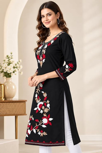 LIBOZA Summer Kurti for Women - Long Lakhnavi Chikankari Kurta, Stylish Straight Womens Kurtas for College Girls, Ladies Traditional Top Simple Colored Embroidery