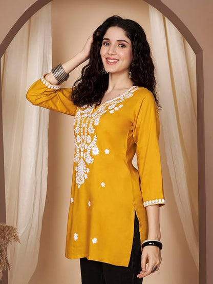Short Kurti for Women for Jeans, Chikankari Kurtis for Ladies, Lakhnavi V- Neck Women's Tunic Design Kurta, Floral Kurtas & Tunics for Woman