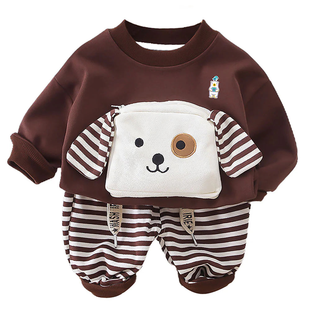 2Pcs Set Brown Stripes Doggy Eye Patch Track Suit Set For Toddler And Kids