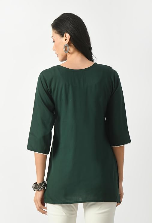 LIBOZA Short Kurta for Women – Lakhnowi Chikankari Embroidered Ladies Kurti, Ethnic Half Kurtas, Stylish Girls Top, Tunic Design Woman Kurtis Green