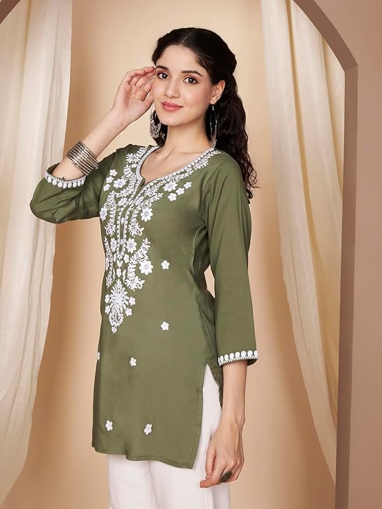 Short Kurti for Women for Jeans, Chikankari Kurtis for Ladies, Lakhnavi V- Neck Women's Tunic Design Kurta, Floral Kurtas & Tunics for Woman
