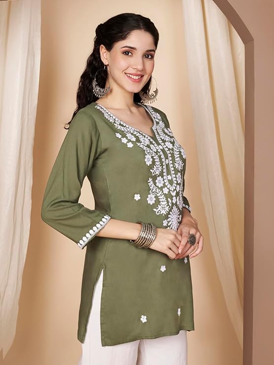 Short Kurti for Women for Jeans, Chikankari Kurtis for Ladies, Lakhnavi V- Neck Women's Tunic Design Kurta, Floral Kurtas & Tunics for Woman