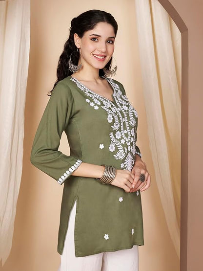 Short Kurti for Women for Jeans, Chikankari Kurtis for Ladies, Lakhnavi V- Neck Women's Tunic Design Kurta, Floral Kurtas & Tunics for Woman