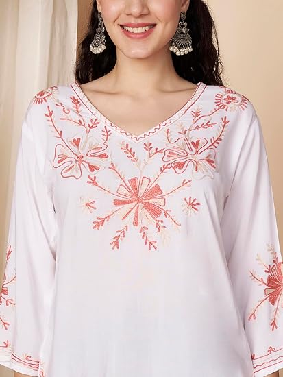 Embroidered Chikankari Kurti for Women - White Red
