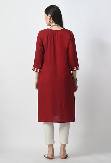 Embroidered Straight Design Kurtis for Woman-Red