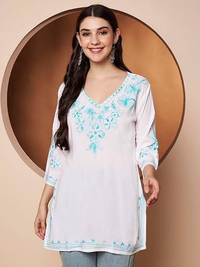Embroidered Chikankari Kurti for Women - White Sky-Blue