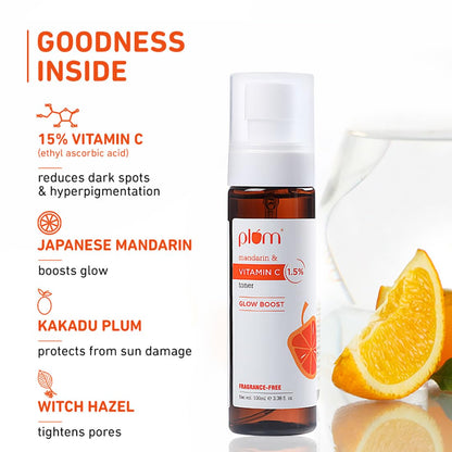 Plum 1.5% Vitamin C Toner With Mandarin For Glowing Skin Improves Uneven Tone Men & Women 100 MILLI_LITRE