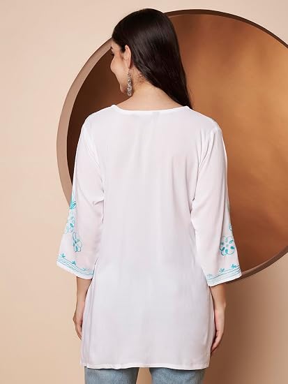 Embroidered Chikankari Kurti for Women - White Sky-Blue