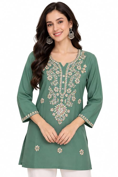 LIBOZA Kurti for Women - Short Chikankari Kurtis for Girls, Lakhnawi Pista