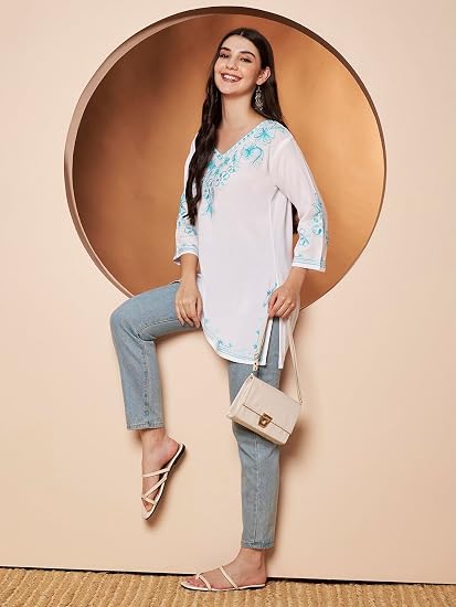 Embroidered Chikankari Kurti for Women - White Sky-Blue