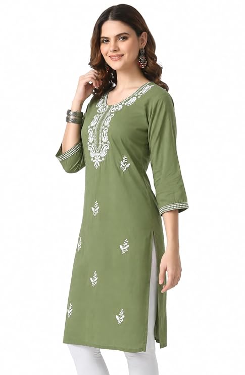 LIBOZA Kurta for Women – Lakhnowi Chikankari Embroidered Ladies Kurti, Stylish Girls Top, Ethnic Full Kurtas, Straight Design Kurtis for Woman