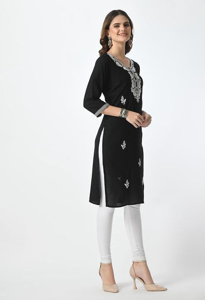 LIBOZA Kurta for Women – Embroidered Ladies Kurti, Stylish Girls Top, Ethnic Full Kurtas, Straight Design Kurtis for Woman Black