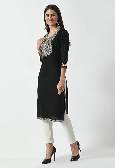 Embroidered Straight Design Kurtis for Woman-Black