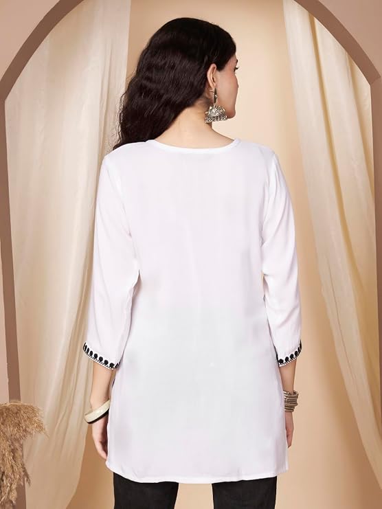 Short Kurti for Women for Jeans, Chikankari Kurtis for Ladies, Lakhnavi V- Neck Women's Tunic Design Kurta, Floral Kurtas & Tunics for Woman