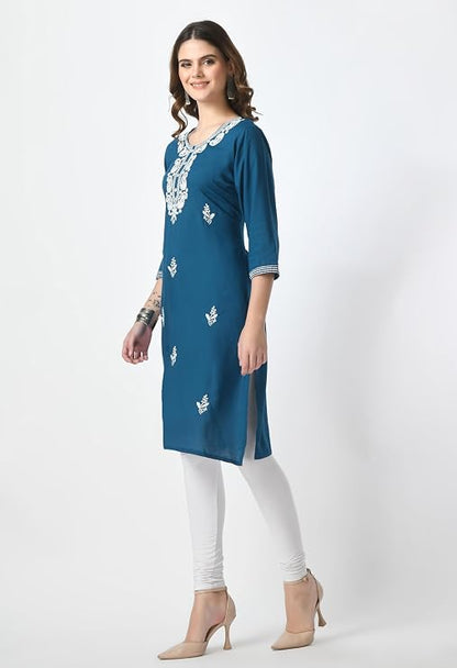 LIBOZA Kurta for Women – Embroidered Ladies Kurti, Stylish Girls Top, Ethnic Full Kurtas, Straight Design Kurtis for Woman Petrol Blue