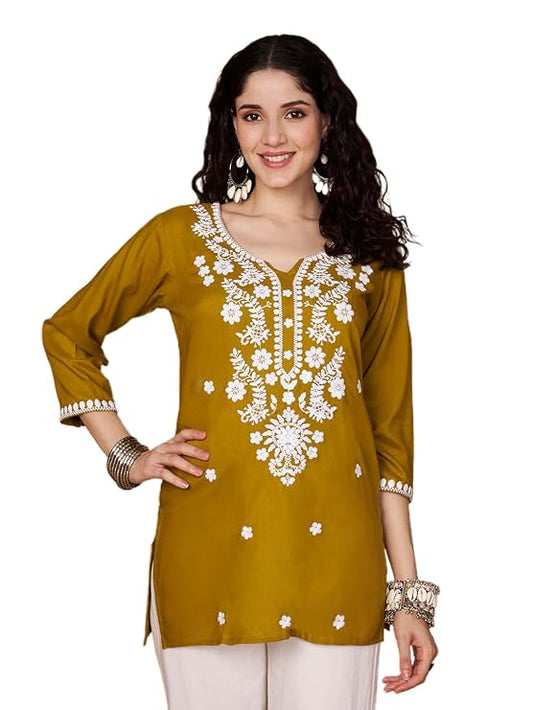Short Kurti for Women for Jeans, Chikankari Kurtis for Ladies, Lakhnavi V- Neck Women's Tunic Design Kurta, Floral Kurtas & Tunics for Woman