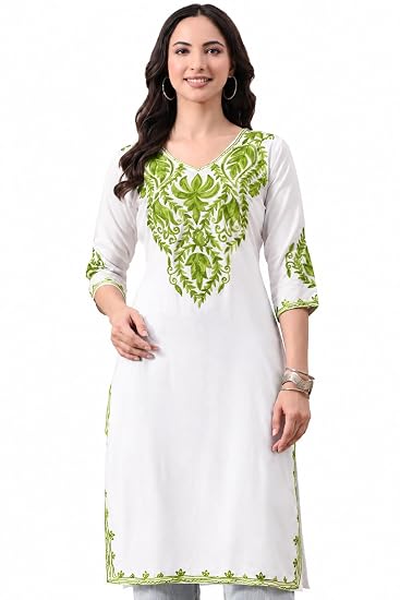 Women Kashmiri Embroidered Straight Kurta-White Green