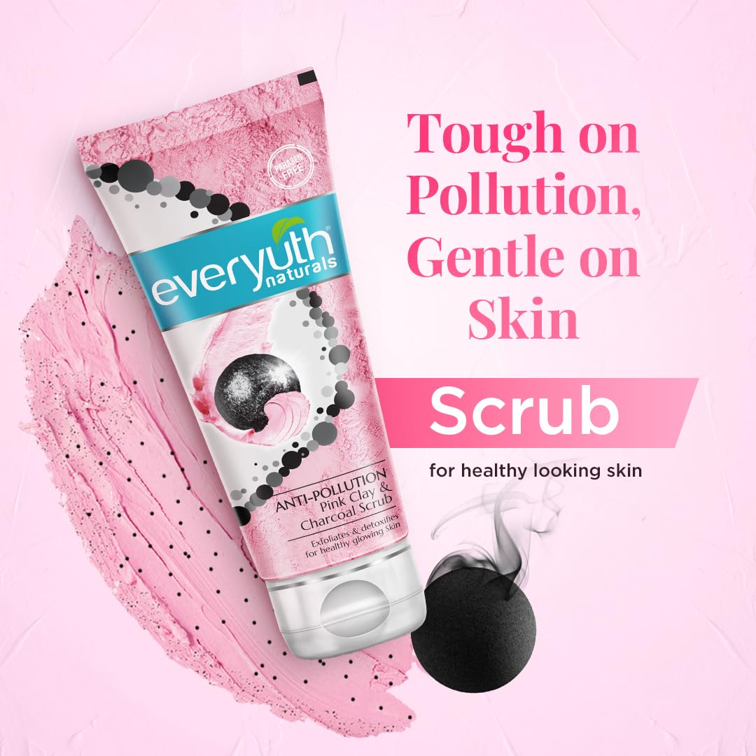 Everyuth Naturals Anti-Pollution Face Scrub - Pink Clay & Charcoal, Exfoliates & Detoxifies (100g)