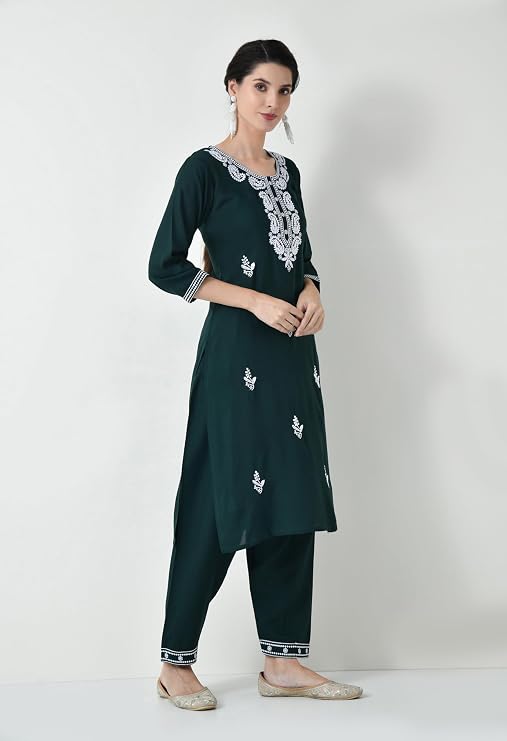 LIBOZA Chikankari Kurta Set for Women, Royon Cotton Straight Design Salwar Suit for Wedding, Diwali & Festival Kurti Pant With Dupatta, Suits Sets for Girls (IN, Alpha, 2XL, GREEN)