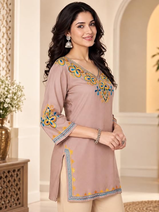 LIBOZA Embroidered Kashmiri Tunic Top, Short Kurti for Women on Jeans, V-Neck, 3/4 Sleeve, Floral Design,