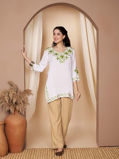 Embroidered Chikankari Kurti for Women - White Green