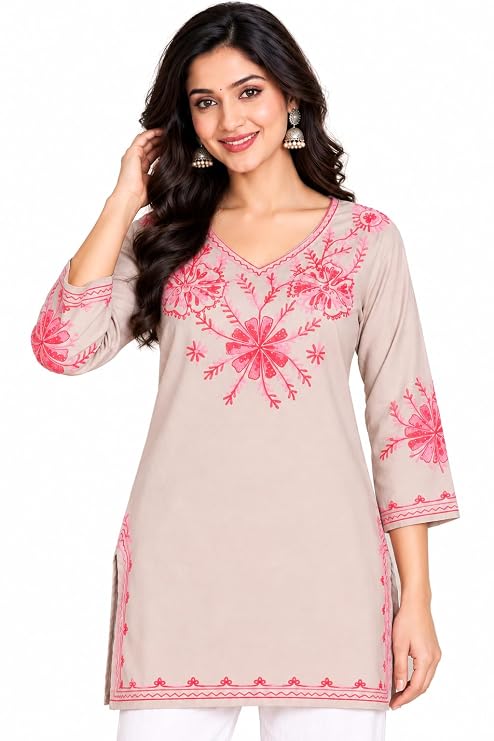 LIBOZA Embroidered Kashmiri Tunic Top, Short Kurti for Women on Jeans, V-Neck, 3/4 Sleeve, Floral Design,