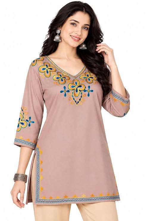 LIBOZA Embroidered Kashmiri Tunic Top, Short Kurti for Women on Jeans, V-Neck, 3/4 Sleeve, Floral Design,
