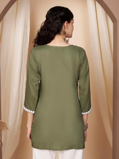 Short Kurti for Women for Jeans, Chikankari Kurtis for Ladies, Lakhnavi V- Neck Women's Tunic Design Kurta, Floral Kurtas & Tunics for Woman