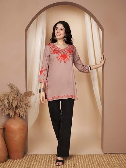Embroidered Chikankari Kurti for Women - Chocolate 4